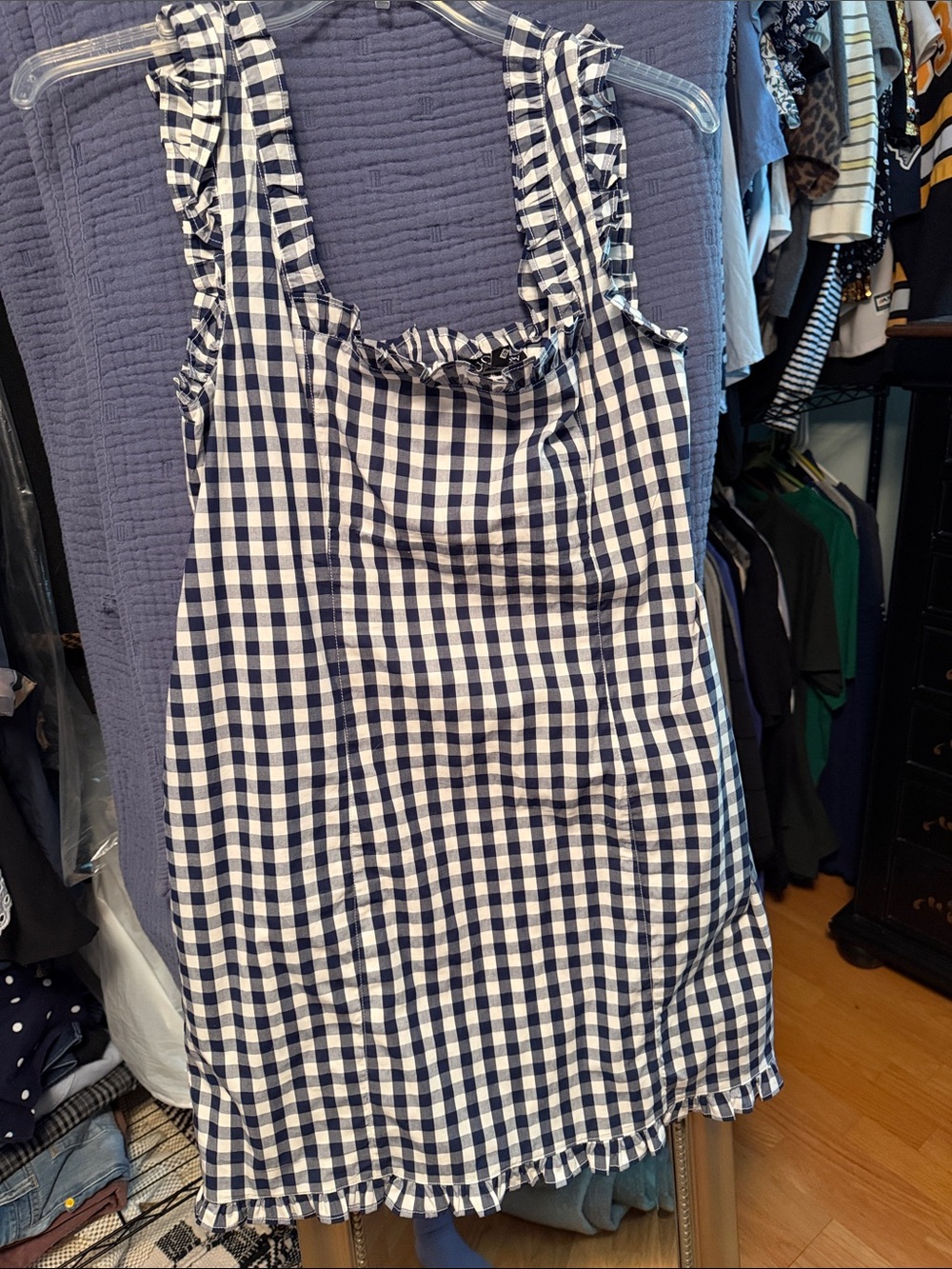 J. Crew Navy and White Gingham Ruffle-Strap Dress